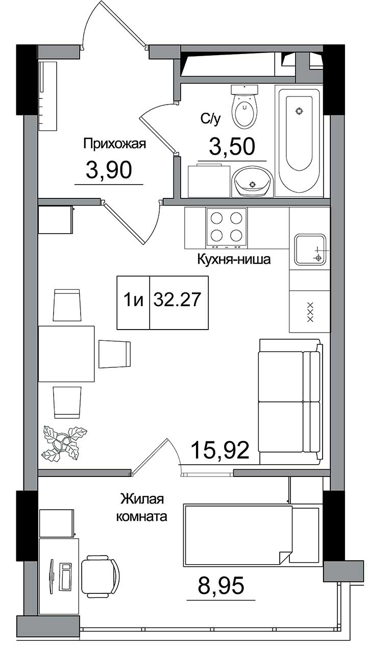 Планировка 1-к квартира площей 32.27м2, AB-16-12/00013.