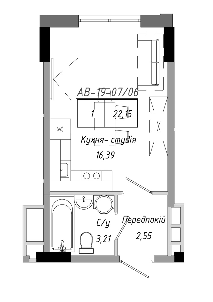 Планування Smart-квартира площею 22.15м2, AB-19-07/00006.