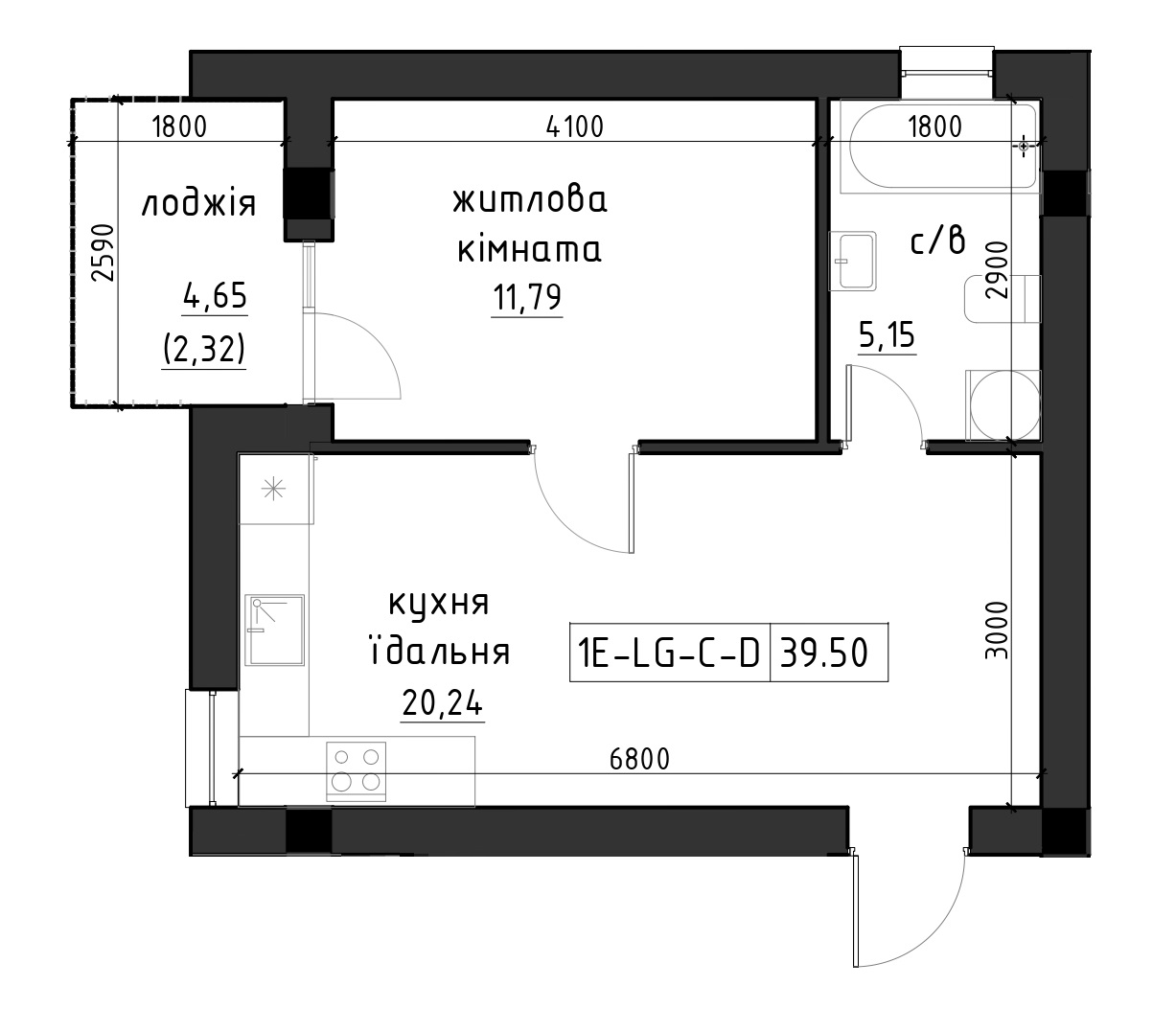 Планування 2-к квартира площею 39.51м2, LR-002-04/0006.