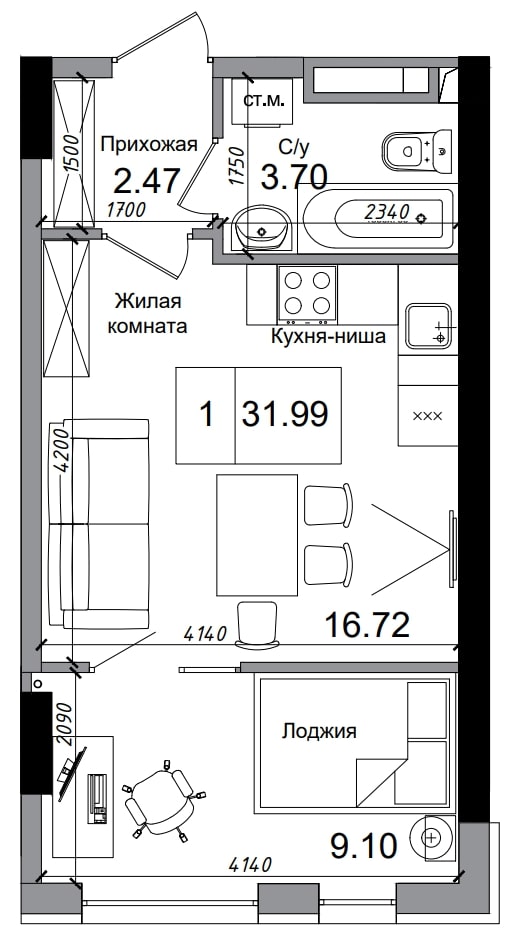 Планировка 1-к квартира площей 31.99м2, AB-04-11/00001.
