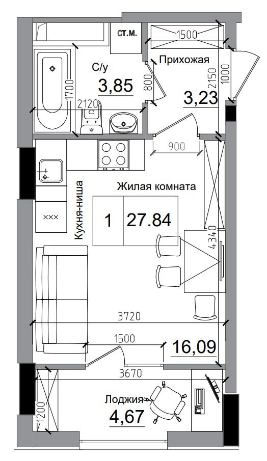 Планування Smart-квартира площею 27.84м2, AB-11-07/00004.