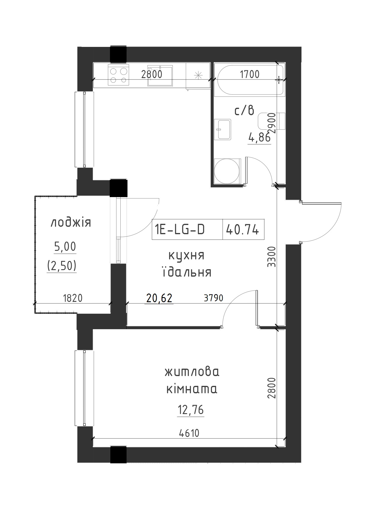 Планировка 1-к квартира площей 40.74м2, LR-002-07/0007.