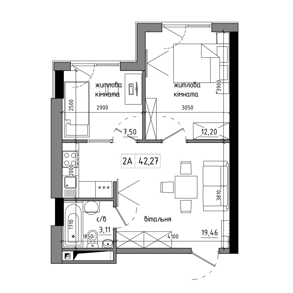 Планування 2-к квартира площею 41.99м2, AB-17-07/00005.