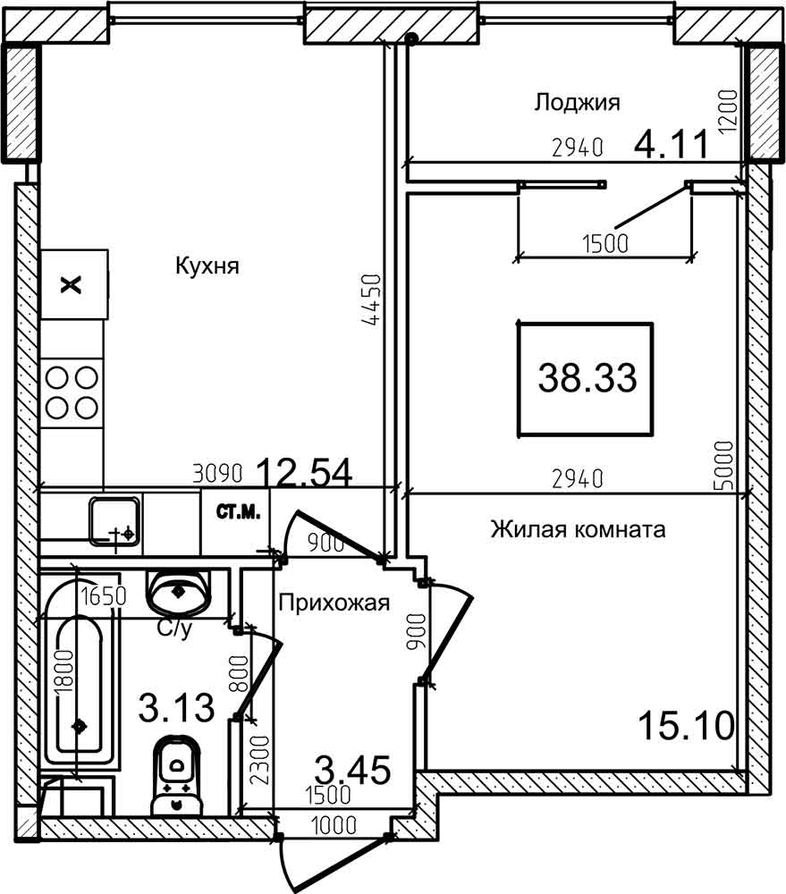 Планування 1-к квартира площею 37.8м2, AB-08-03/00009.