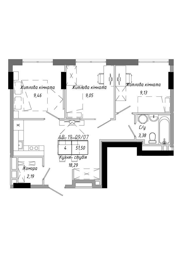 Планировка 3-к квартира площей 51.5м2, AB-19-09/00007.