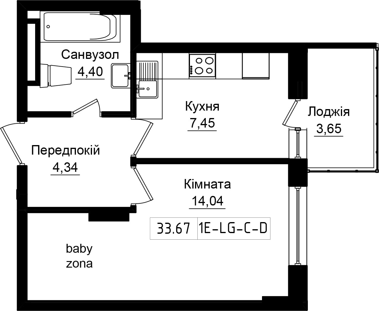 Planning 1-rm flats area 32.05m2, UR-001-05/0004.