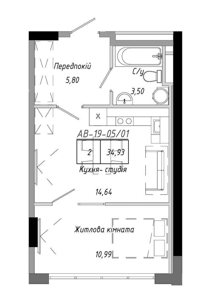 Планування 1-к квартира площею 34.93м2, AB-19-05/00001.