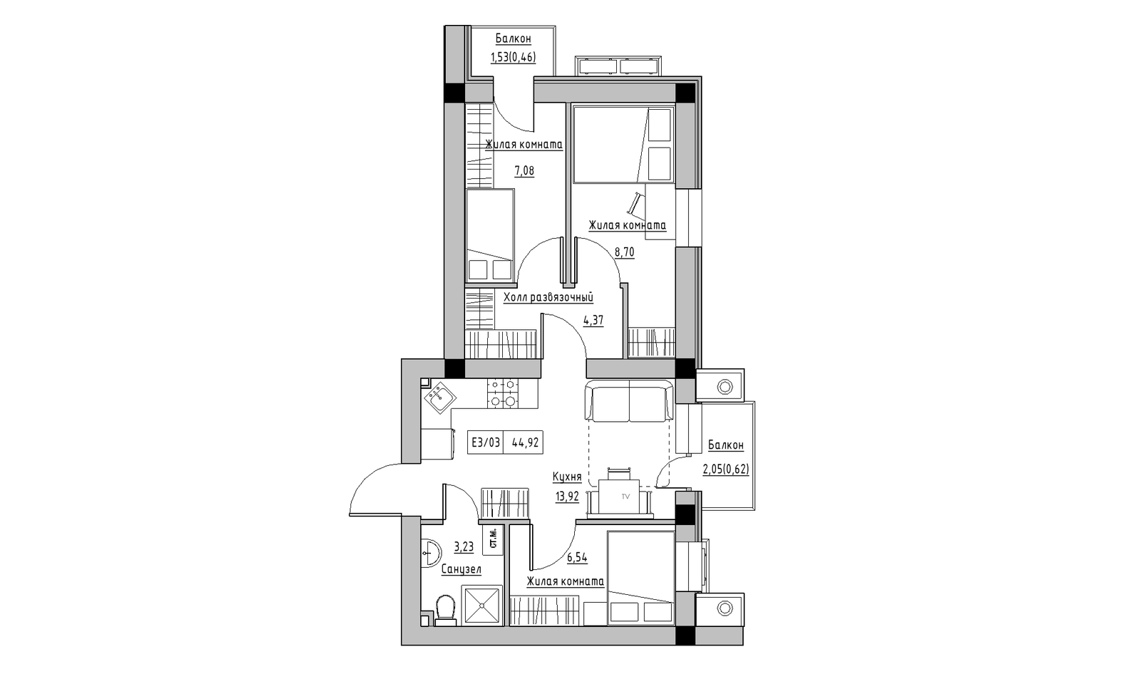 Планування 3-к квартира площею 44.92м2, KS-014-05/0011.