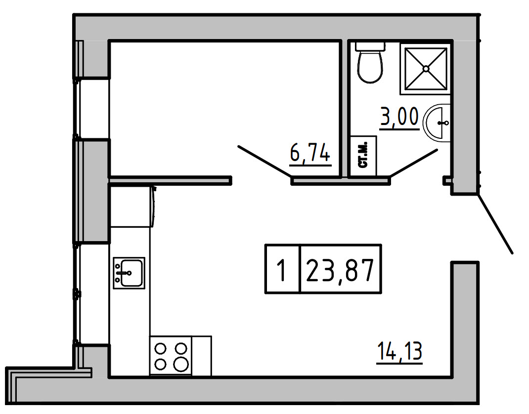 Планировка 1-к квартира площей 23.87м2, KS-01D-03/0004.