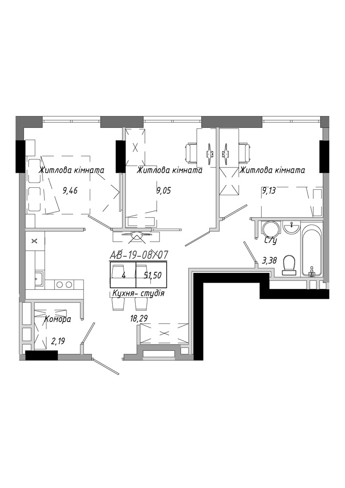 Планування 3-к квартира площею 51.5м2, AB-19-08/00007.