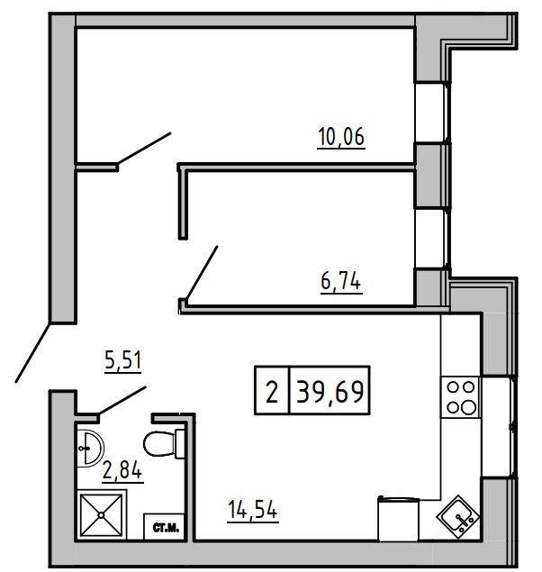 Планування 2-к квартира площею 39.67м2, KS-01C-01/0006.