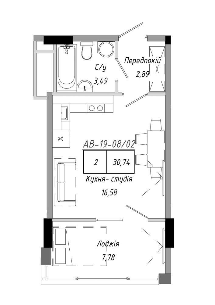 Планування 1-к квартира площею 30.74м2, AB-19-08/00002.
