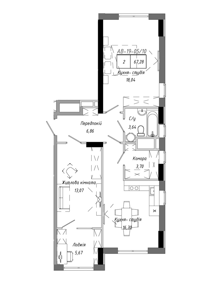 Планування 2-к квартира площею 67.28м2, AB-19-05/00010.
