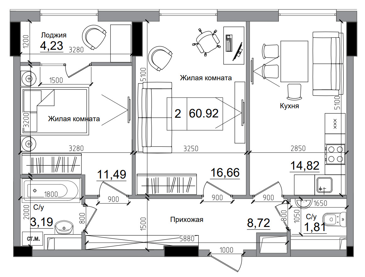 Планування 2-к квартира площею 60.92м2, AB-11-05/00007.