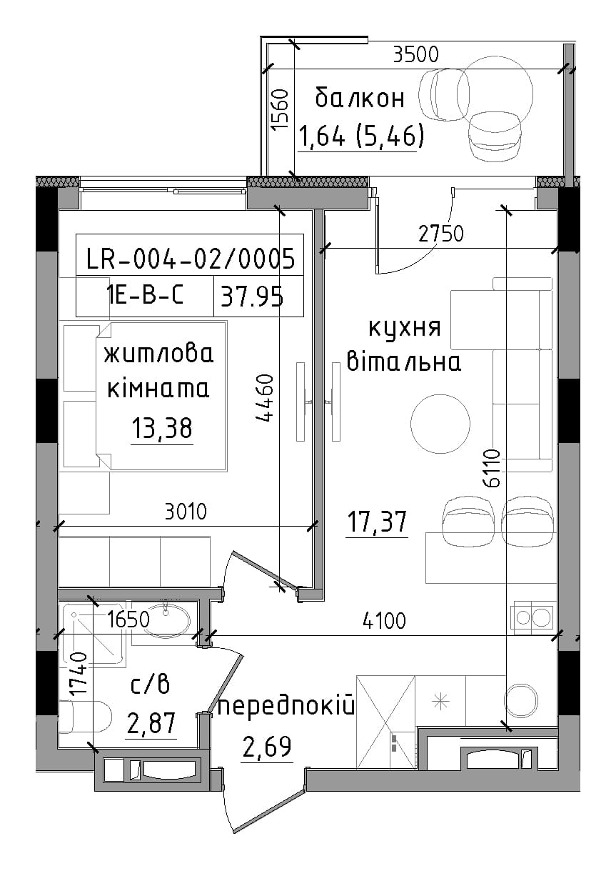Планування 1-к квартира площею 37.95м2, LR-004-02/0005.