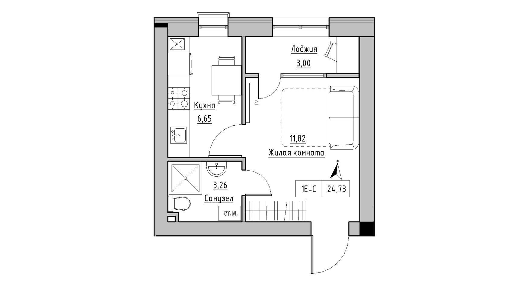 Планировка 1-к квартира площей 24.73м2, KS-010-01/0004.