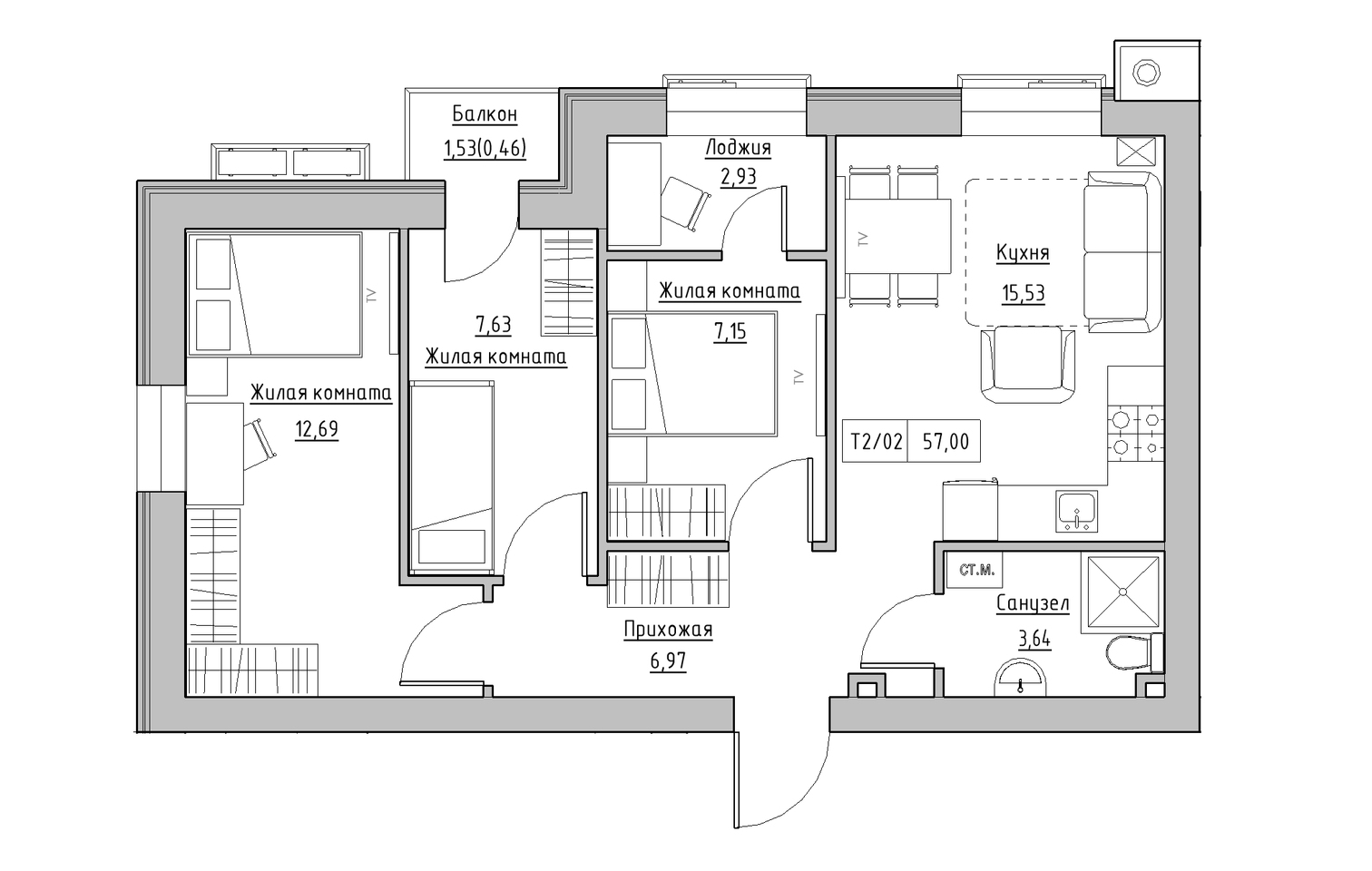 Планування 3-к квартира площею 57м2, KS-013-03/0006.