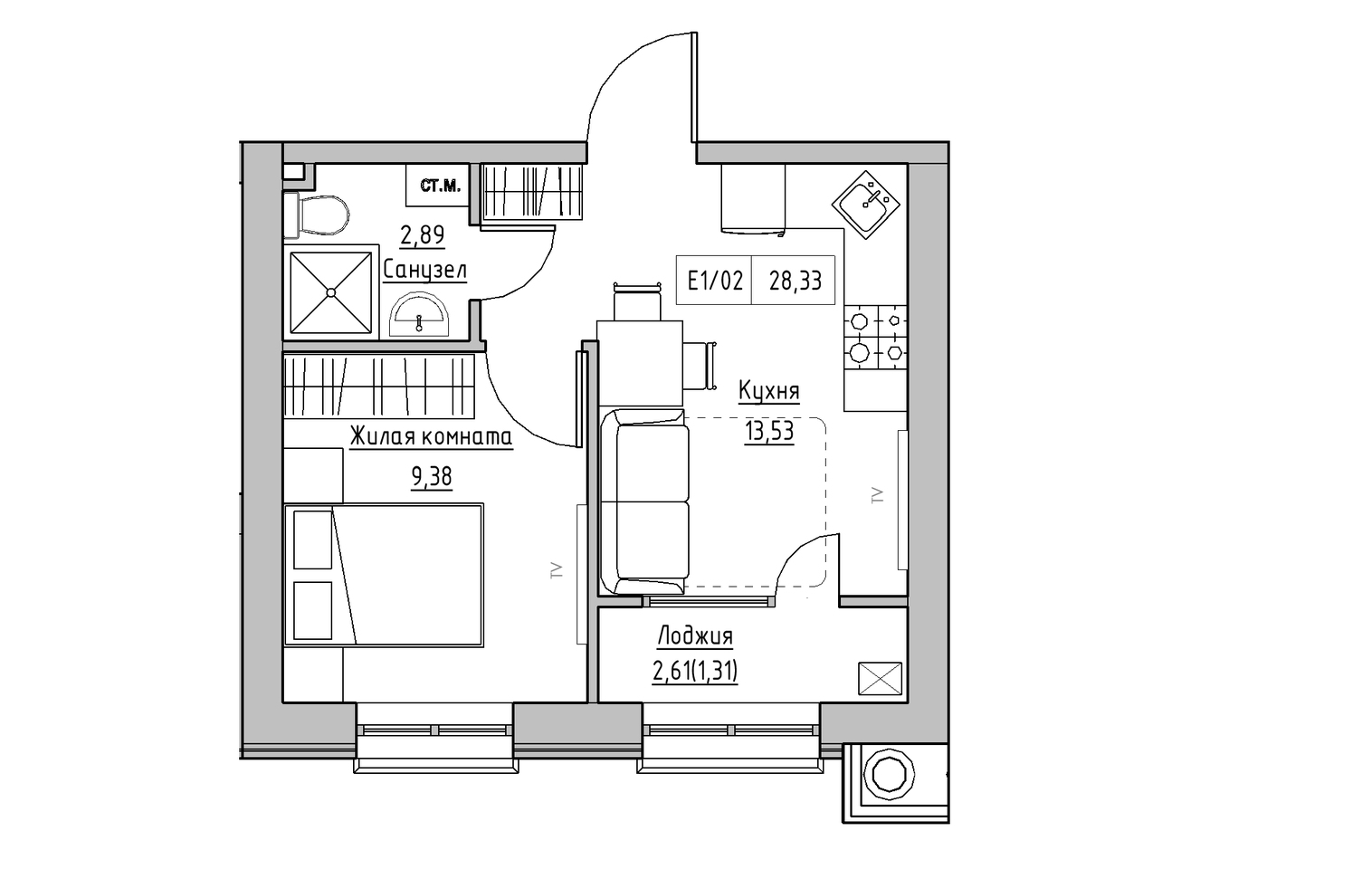 Планировка 1-к квартира площей 28.33м2, KS-009-04/0013.