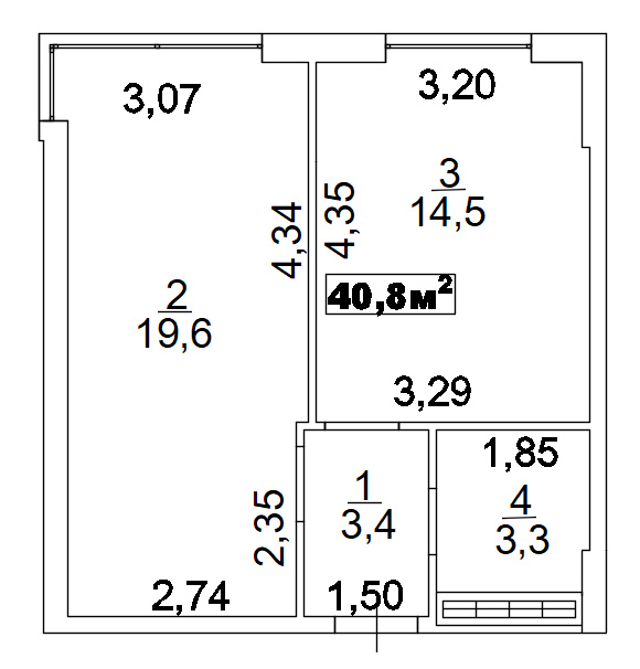Планировка 1-к квартира площей 40.8м2, AB-02-03/00005.