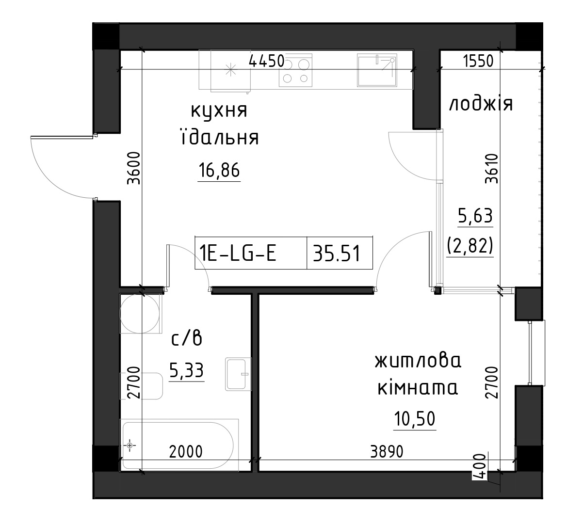 Планування 1-к квартира площею 41.95м2, LR-002-02/0004.