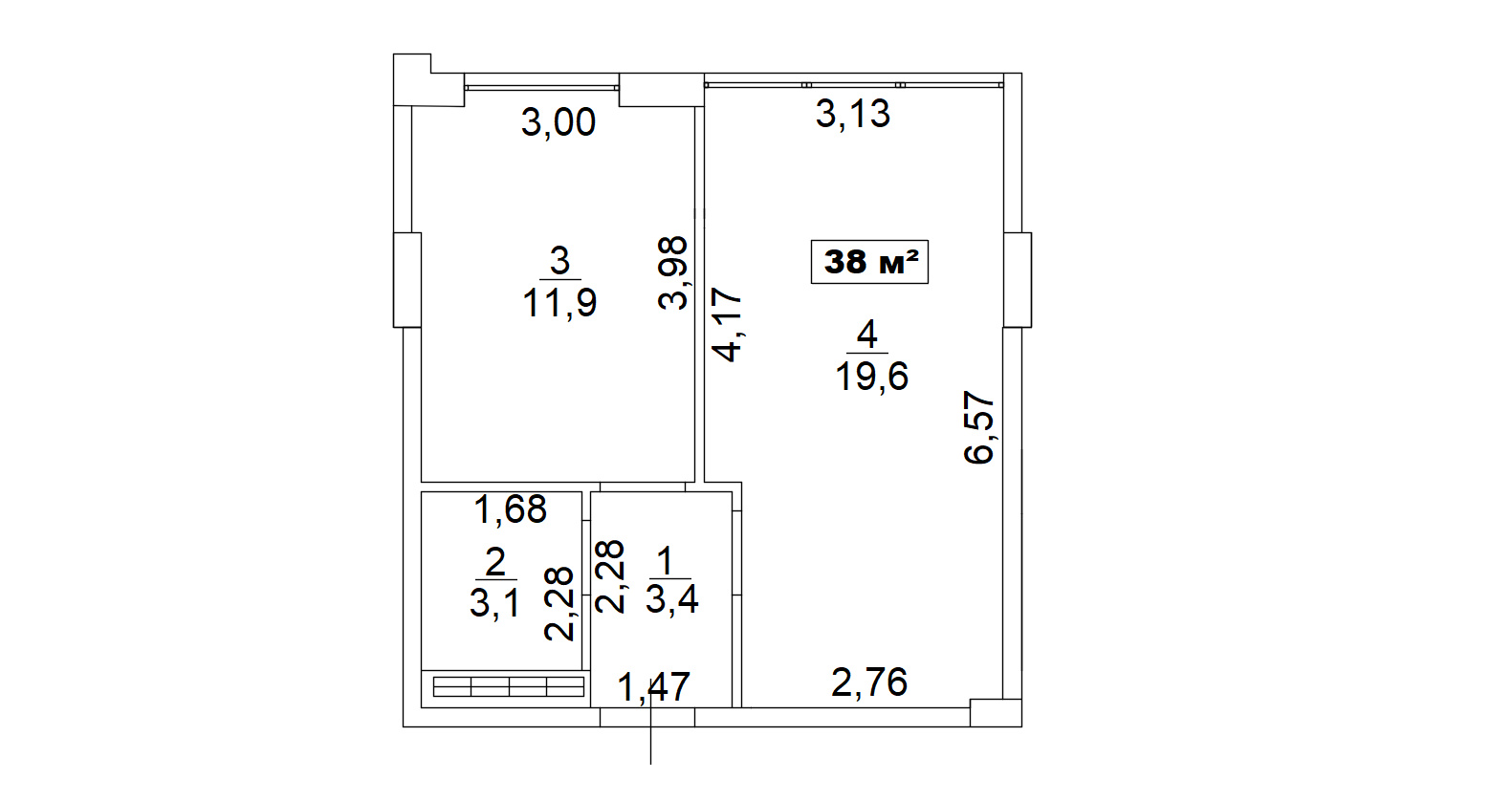 Планировка 1-к квартира площей 38м2, AB-13-07/00057.