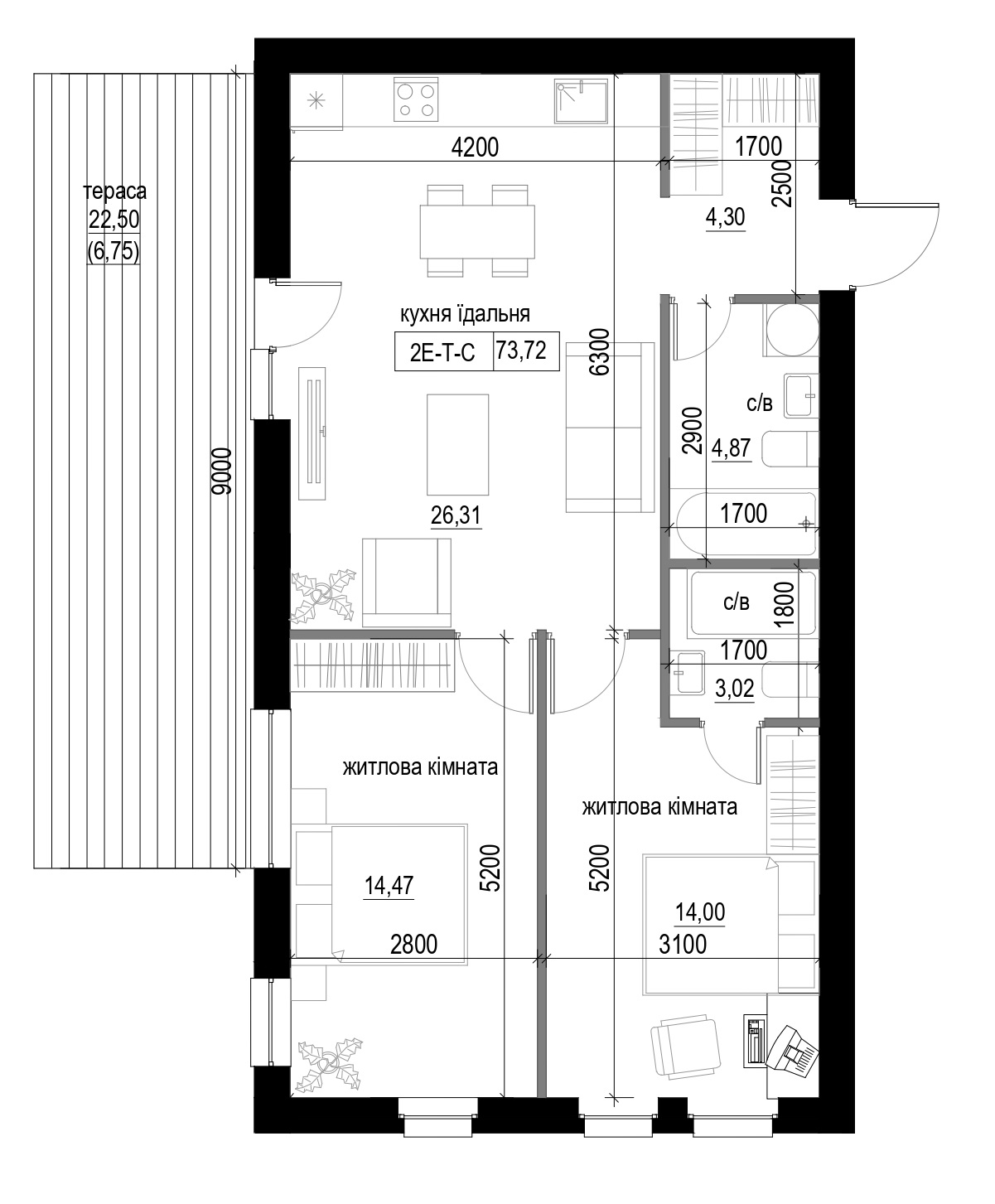 Планування 2-к квартира площею 73.72м2, LR-004-01/0004.