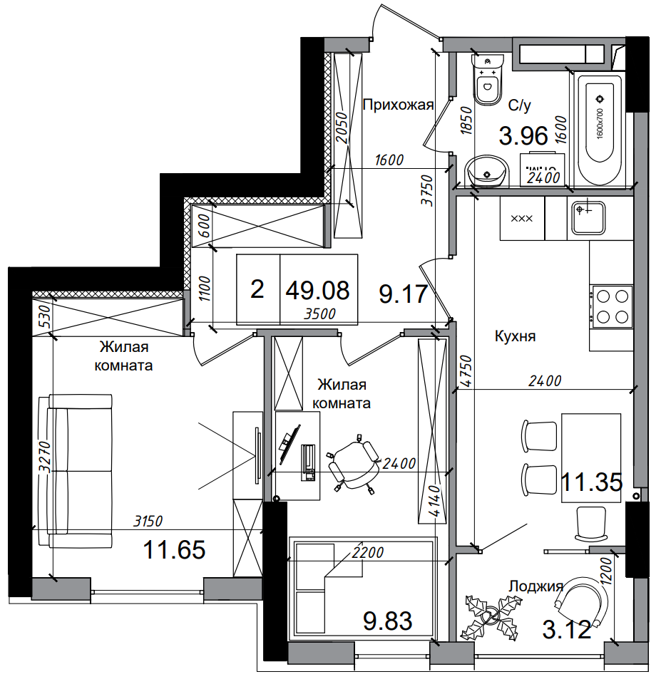 Планировка 2-к квартира площей 49.08м2, AB-04-11/00015.