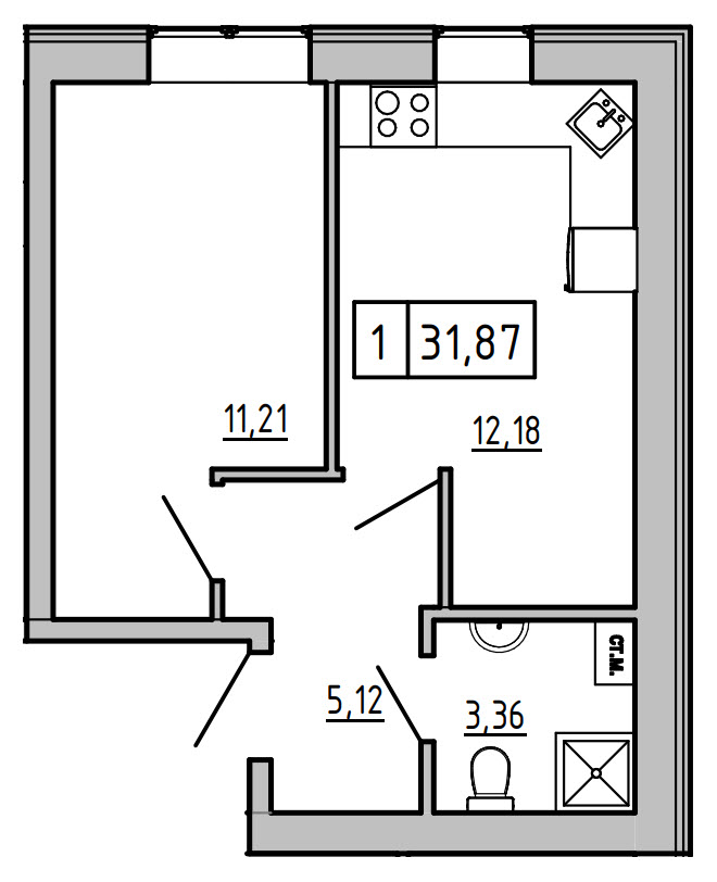 Планування 1-к квартира площею 25.52м2, KS-008-05/0002.