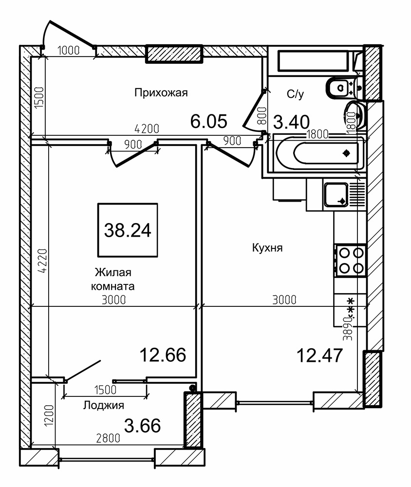 Планировка 1-к квартира площей 38.2м2, AB-09-07/00011.