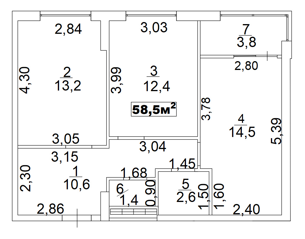 Планировка 2-к квартира площей 58.5м2, AB-02-08/00009.