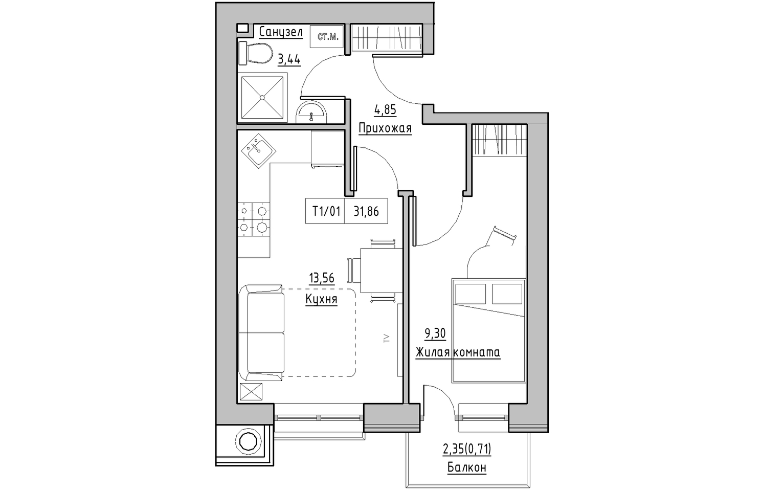 Планировка 1-к квартира площей 31.86м2, KS-010-05/0003.