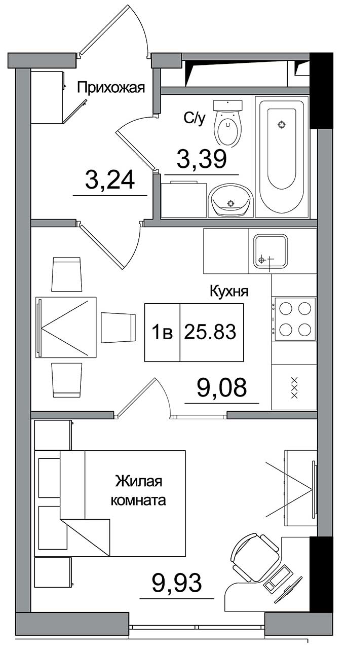 Планировка 1-к квартира площей 25.83м2, AB-16-10/00003.