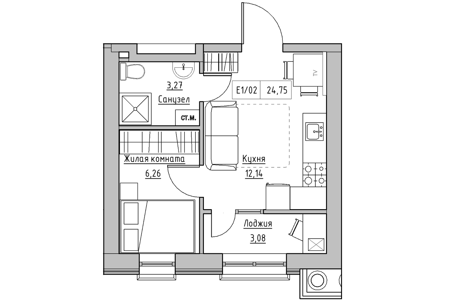 Планировка 1-к квартира площей 24.69м2, KS-010-05/0002.