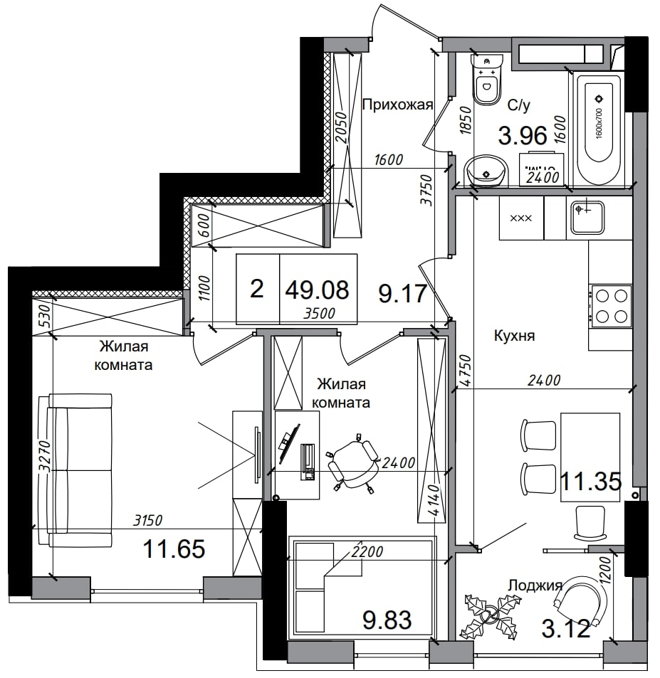 Планировка 2-к квартира площей 49.08м2, AB-04-05/00015.