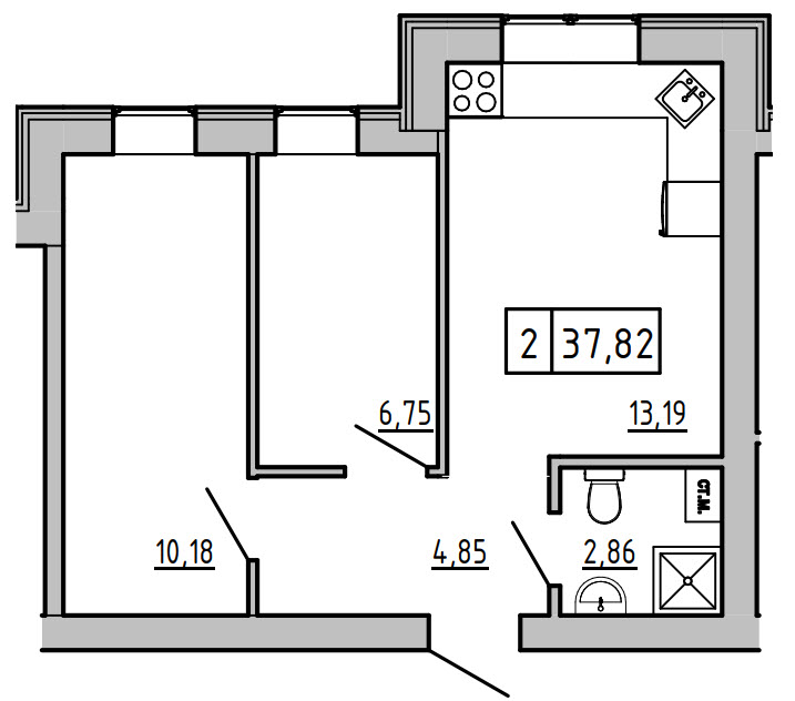 Планировка 2-к квартира площей 37.71м2, KS-006-04/0005.