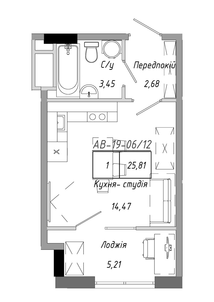 Планування Smart-квартира площею 25.81м2, AB-19-06/00012.