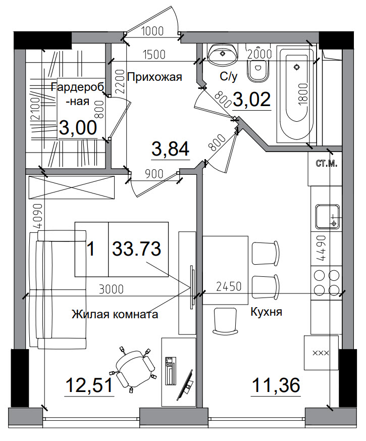 Планировка 1-к квартира площей 33.73м2, AB-11-08/00003.