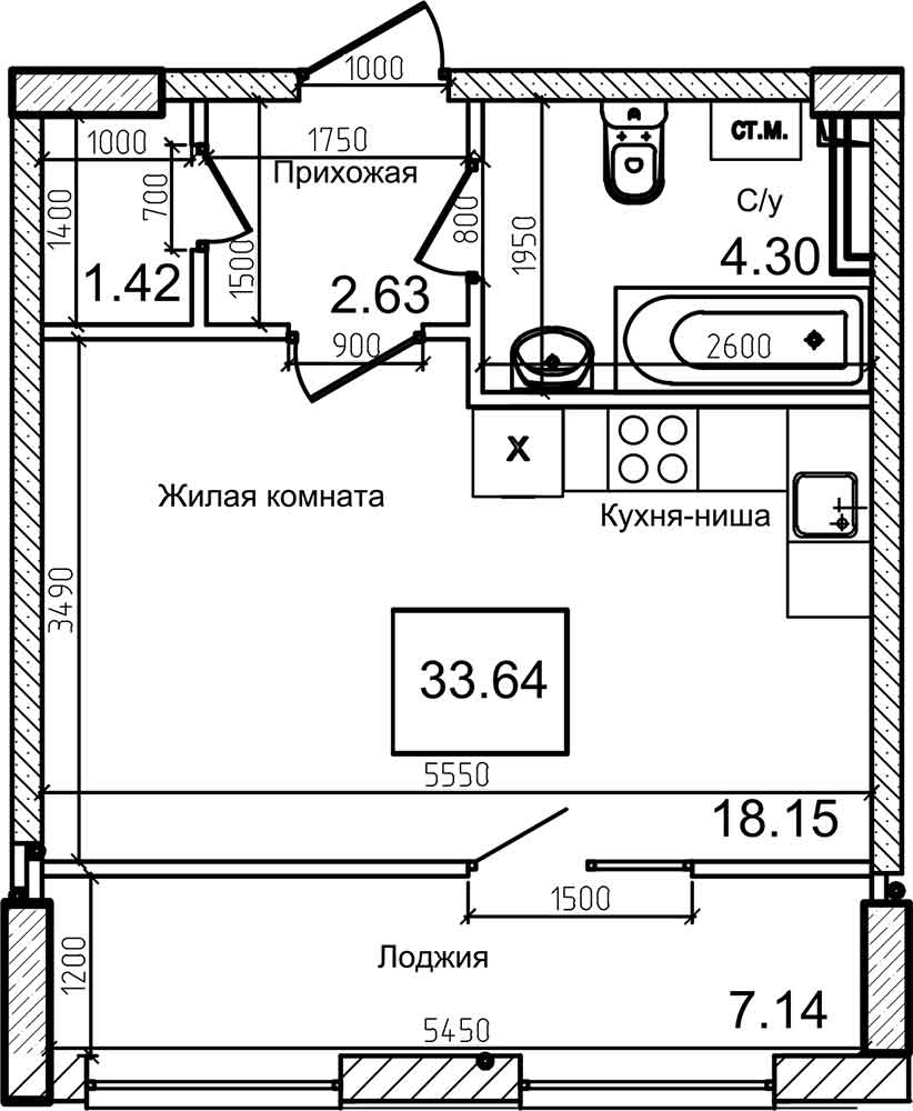 Планування 1-к квартира площею 33.2м2, AB-08-07/00003.
