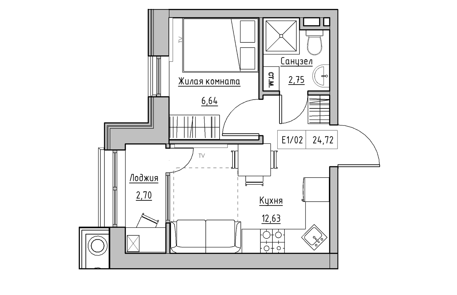 Planning 1-rm flats area 24.72m2, KS-010-03/0013.