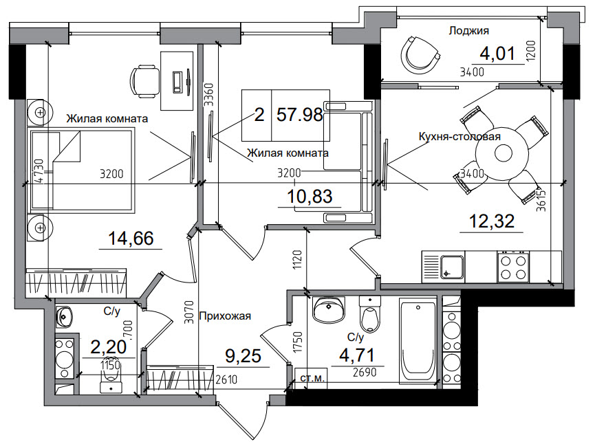 Планировка 2-к квартира площей 57.98м2, AB-05-03/00005.