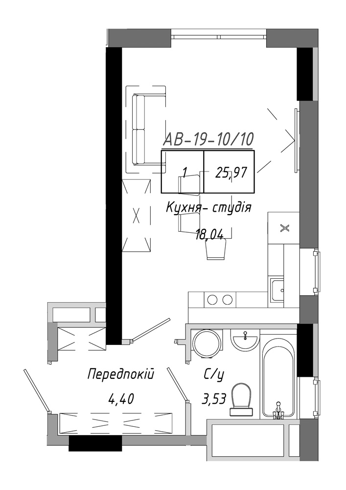 Планування Smart-квартира площею 25.97м2, AB-19-10/00010.