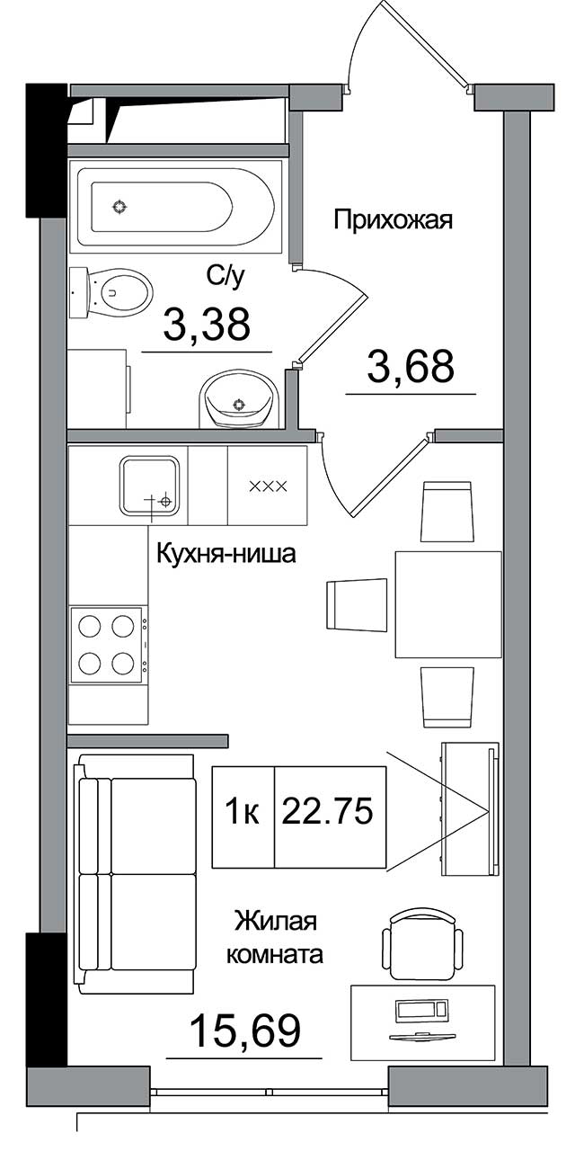 Планировка Smart-квартира площей 22.75м2, AB-16-01/0012а.