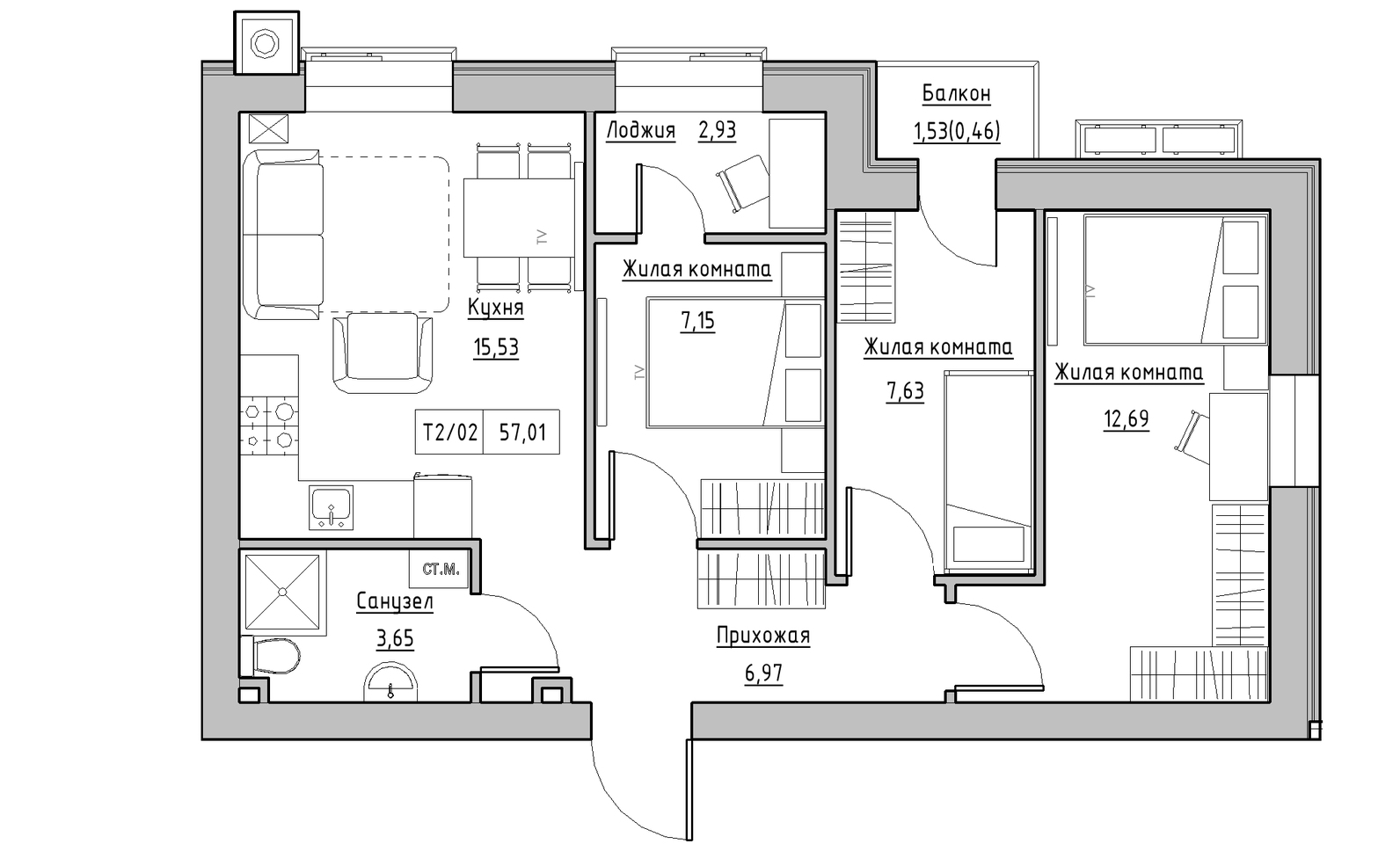 Планування 3-к квартира площею 57.01м2, KS-014-03/0008.