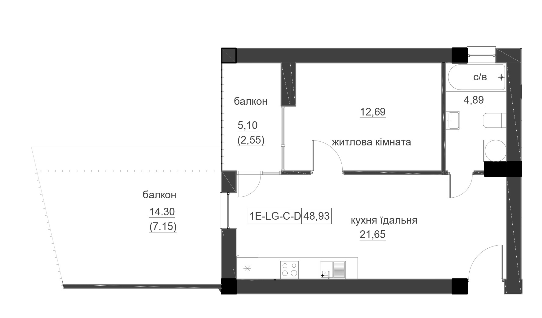 Планировка 1-к квартира площей 48.93м2, LR-005-03/0002.