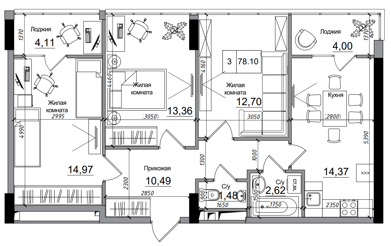 Планировка 3-к квартира площей 78.1м2, AB-14-11/00010.