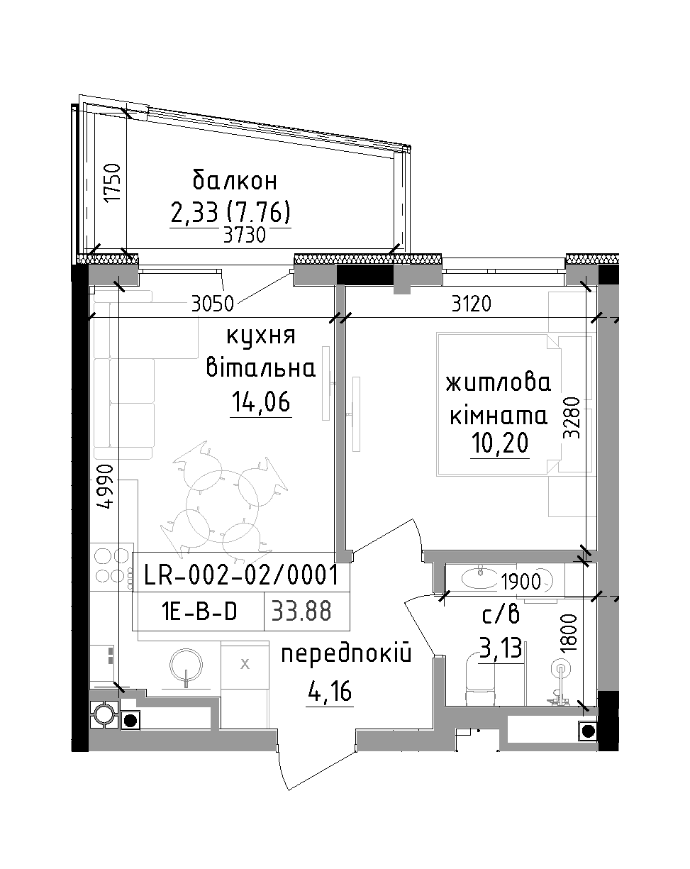 Планировка 1-к квартира площей 33.88м2, LR-002-02/0001.