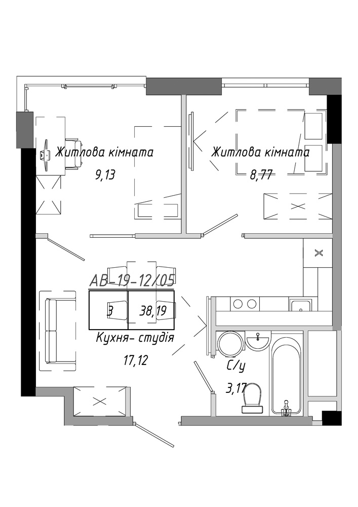 Планування 2-к квартира площею 38.19м2, AB-19-12/00005.