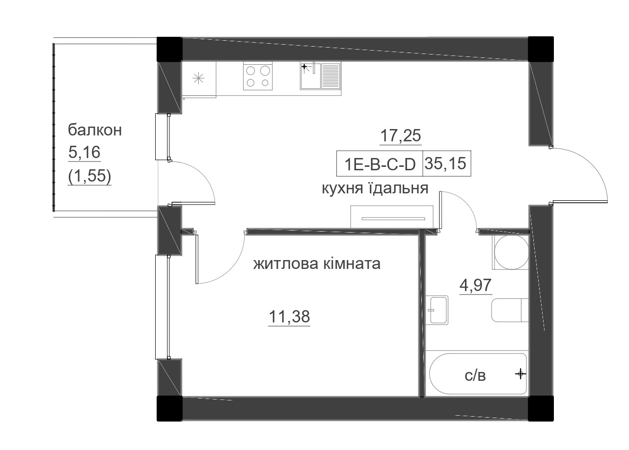 Планировка 1-к квартира площей 35.15м2, LR-005-09/0004.
