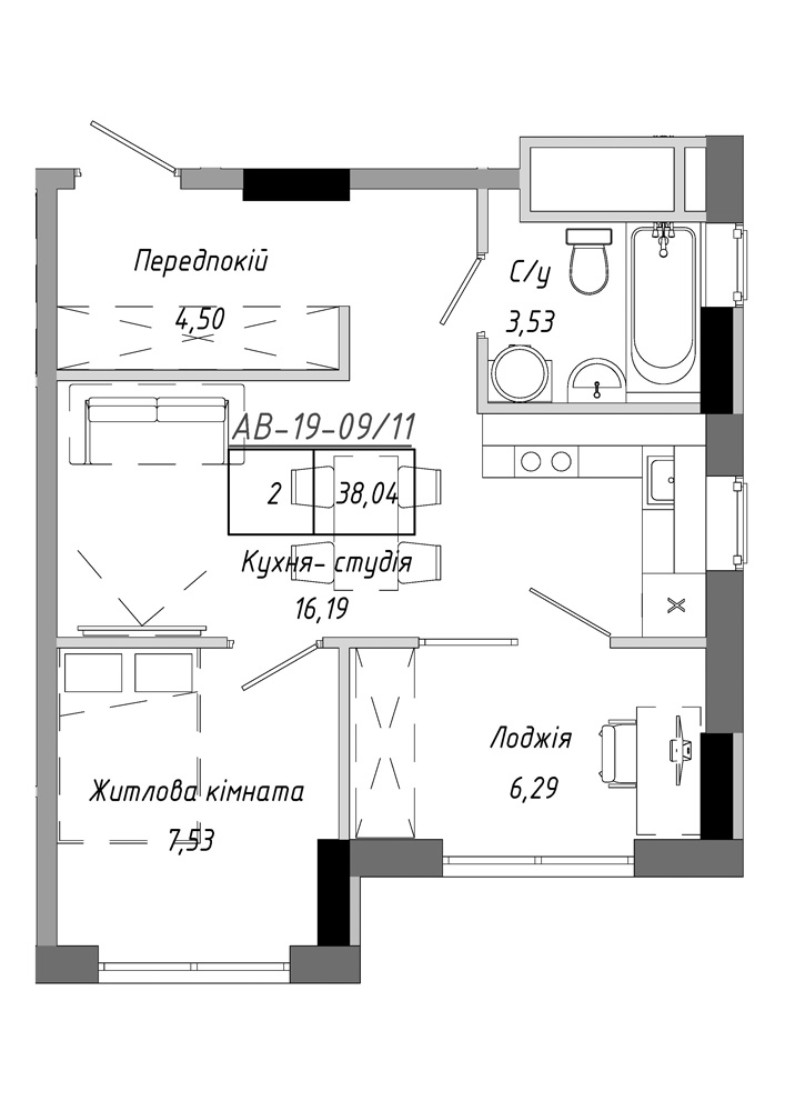 Planning 1-rm flats area 38.04m2, AB-19-09/00011.