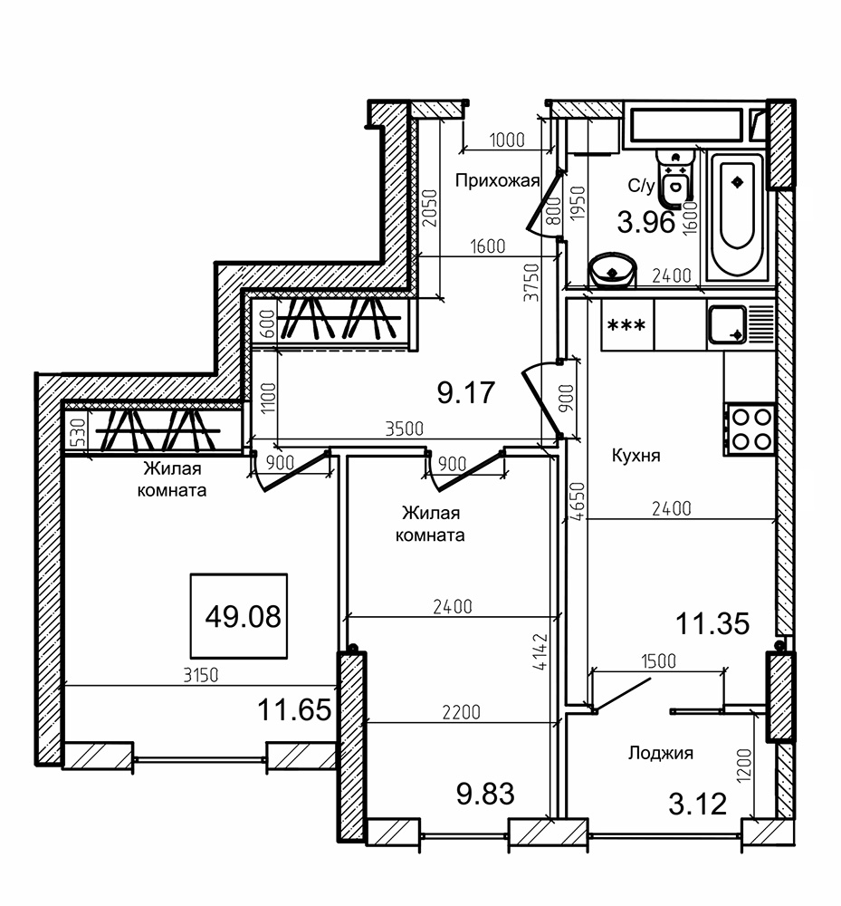 Планування 2-к квартира площею 48.2м2, AB-09-01/00014.